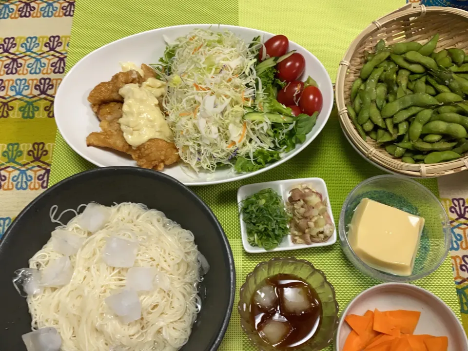 チキン南蛮、そうめん、茶豆、卵豆腐、にんじんぬか漬け|peanutsさん