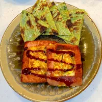 Snapdishの料理写真:spam rice pancake, spinach paratha|Douglas Allisonさん