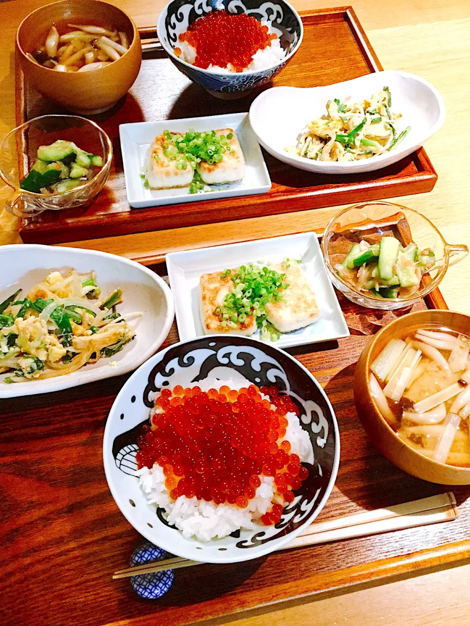 Snapdishの料理写真:自家製イクラ醤油漬け丼、豆腐ステーキ|papinさん