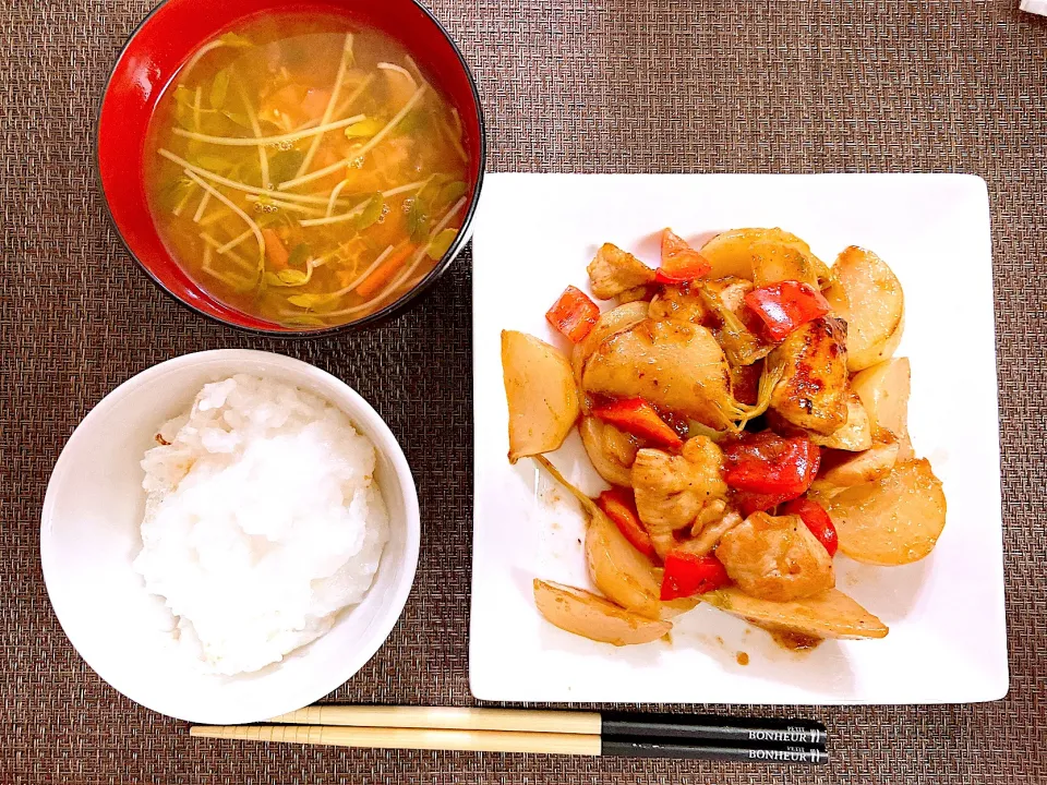 鶏肉とかぶの柚子胡椒炒め＆豆苗とトマトのすまし汁|kanaさん