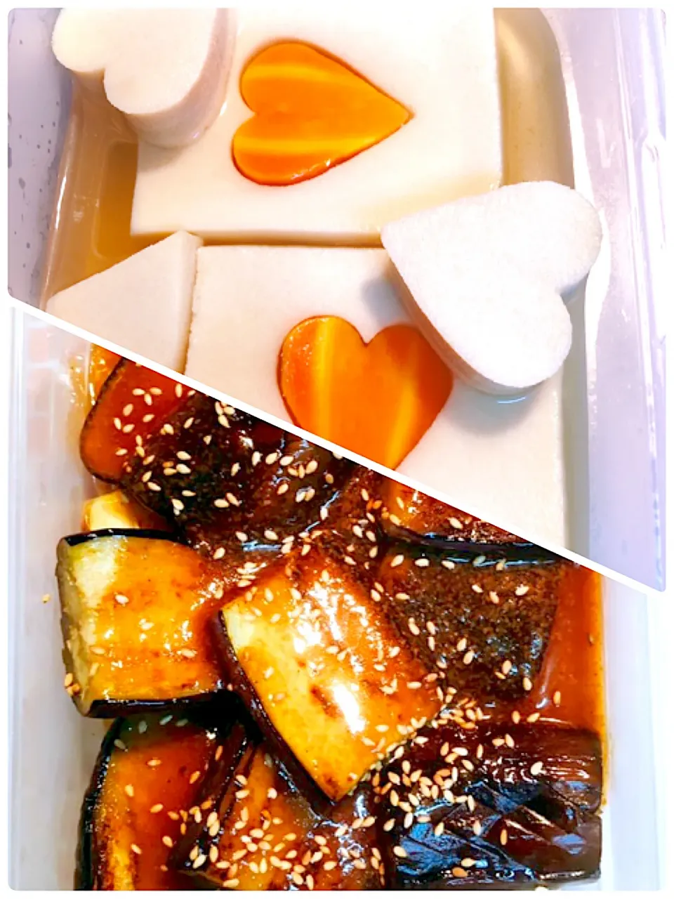 Snapdishの料理写真:焼いた茄子に胡麻味噌をタップリ😊高野豆腐と人参🥕の炊いたん。ちよっと遊んでみた😄❤️|海斗さん