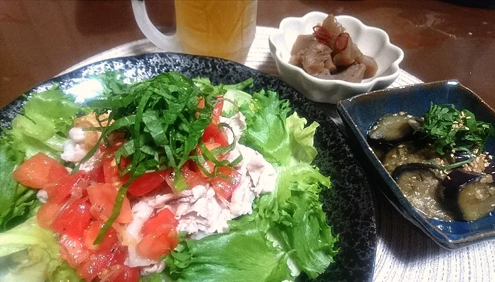 Snapdishの料理写真:豚しゃぶサラダ
 🍆味噌炒め
 こんにゃく煮物|びせんさん