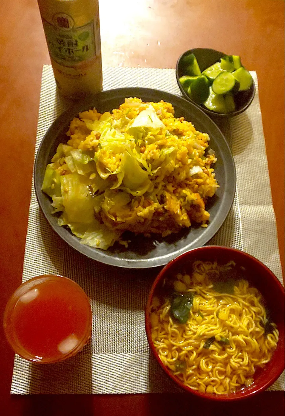 Snapdishの料理写真:Today's dinner🍴胡瓜の浅漬け･豚肉納豆ﾚﾀｽ炒飯･醤油ﾗｰﾒﾝ|🌈Ami🍻さん