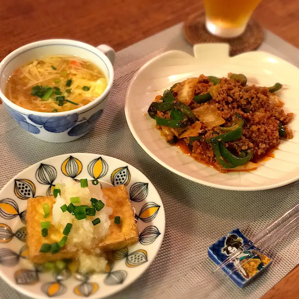 豚ひき肉とピーマンのキムチ炒め
焼き厚あげ
かにかまとえのき、卵のスープ|𓇼 Ⓢ Ⓗ Ⓘ Ⓝ Ⓞ Ⓑ Ⓤ 𓇼さん