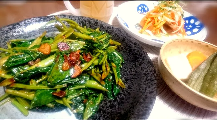 Snapdishの料理写真:空芯菜の炒め🌿
 高野豆腐とオクラ煮物
 鮭の南蛮漬け🐟|びせんさん