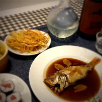 Snapdishの料理写真:のどぐろの煮付け、かき揚げ、かぼちゃのそぼろ煮、鉄火巻＆七田|mayさん