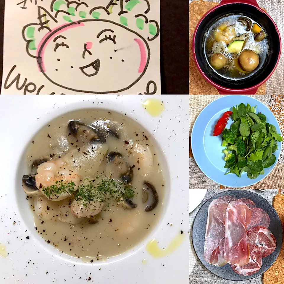 Snapdishの料理写真:エビとチキンのホワイトシチュー、エビのアヒージョ、生ハム盛り合わせとサラダの宴|なお🅿️さん