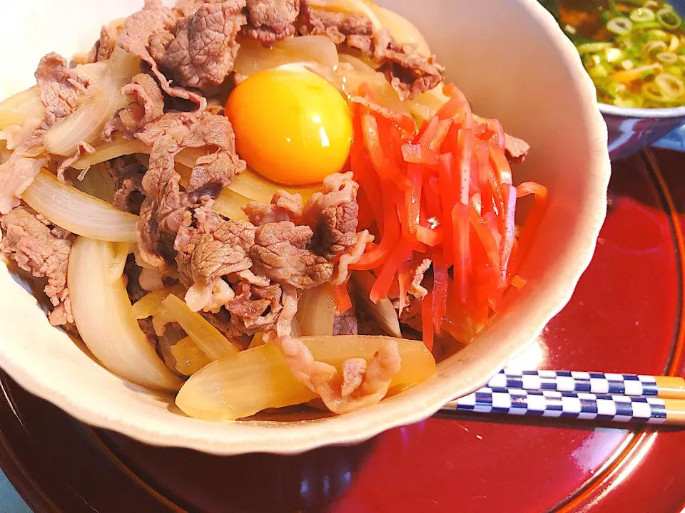 Snapdishの料理写真:今夜は牛丼🐮ご飯は少なめやけど、牛皿ドーンで食べすぎました😅久しぶりに、味噌汁もつけてみた。なので今夜は休肝日とす😁|海斗さん