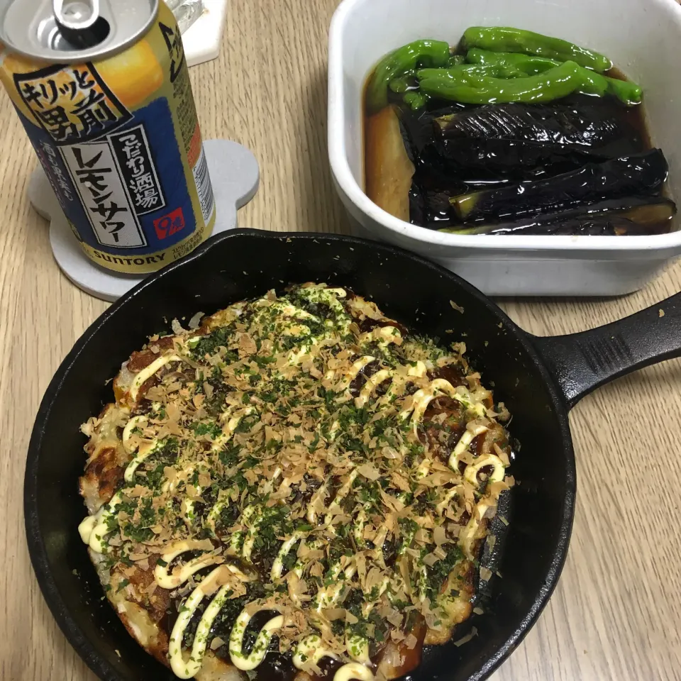 Snapdishの料理写真:お好み焼き&ナスの揚げ浸し|seiko Oさん