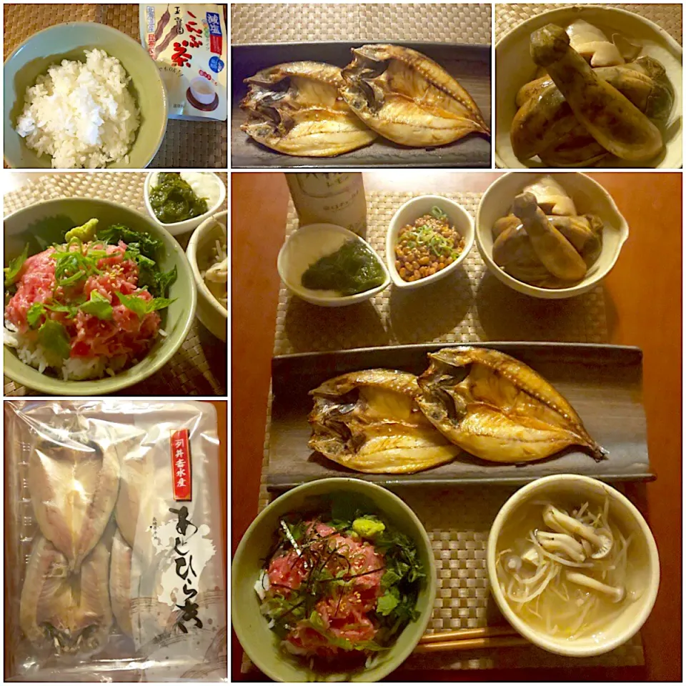 Today's dinner🍴茄子と新生姜の出汁漬け･大和芋&めかぶ･胡麻納豆･減塩こんぶ茶酢飯de鮪の葱とろ丼･美味しい鯵の開き･もやしとしめじのお味噌汁|🌈Ami🍻さん