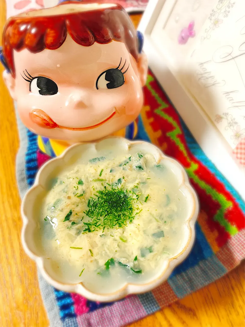 Snapdishの料理写真:オクラとお豆腐のたまご蒸し♡玉ねぎ＆モロヘイヤプラスじゃがいも＆スキムミルク餡かけバージョン。|ぽき。さん