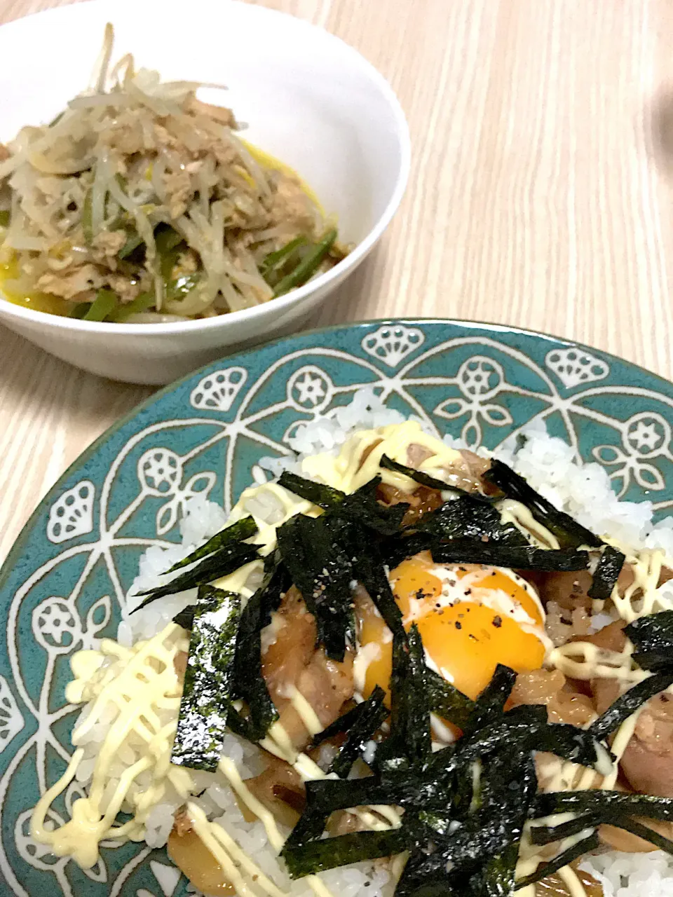 鶏ネギマヨ丼＆もやしピーマンのカレー炒め|のあママさん