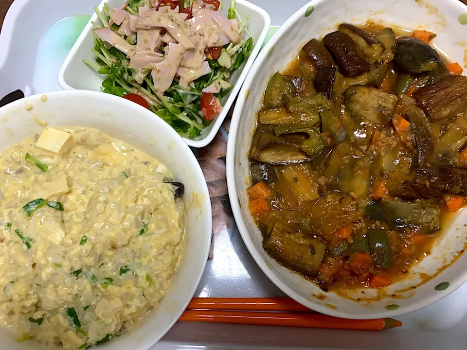 Snapdishの料理写真:味噌ラーメンおじやと麻婆茄子と豆苗サラダ！|あんこさん