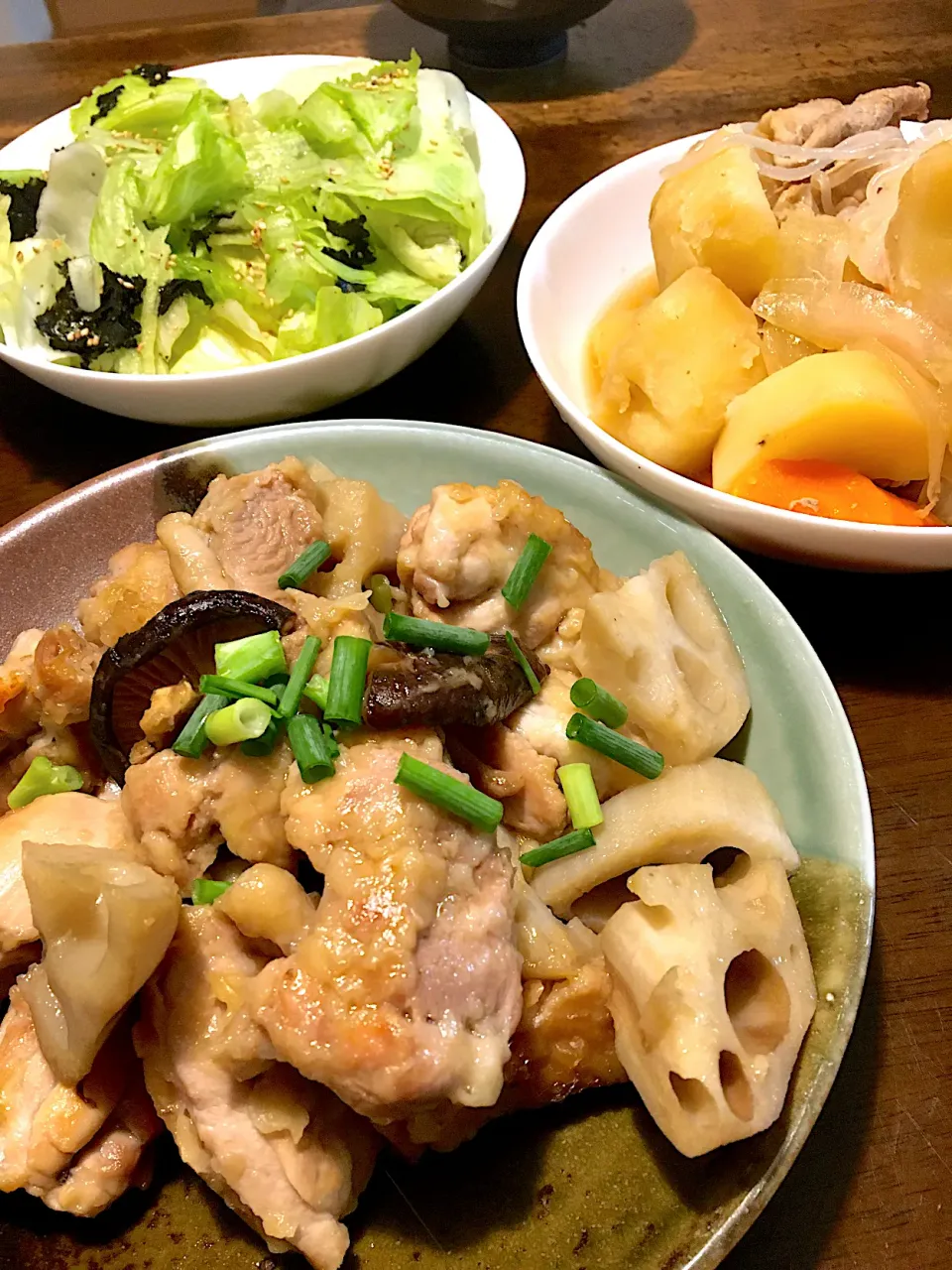 鶏照り煮、肉じゃが、レタス海苔サラダ|ゆうこさん