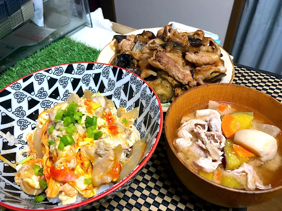 中村農場の卵で親子丼　　豚汁　　ナスと豚バラ肉のおろし味噌炒め|石川洋子さん