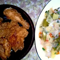 Snapdishの料理写真:Fried chicken and Fish in lime and sweet potato stew 🥰|Rina Paradiseさん