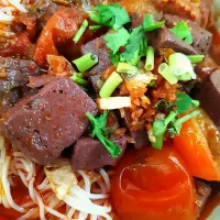 Rice noodles with local spicy Pork Bone Soup 
name of dish is " kanom jeen nham ngew"
it's Northern food in Thailand.|I'm Aongさん