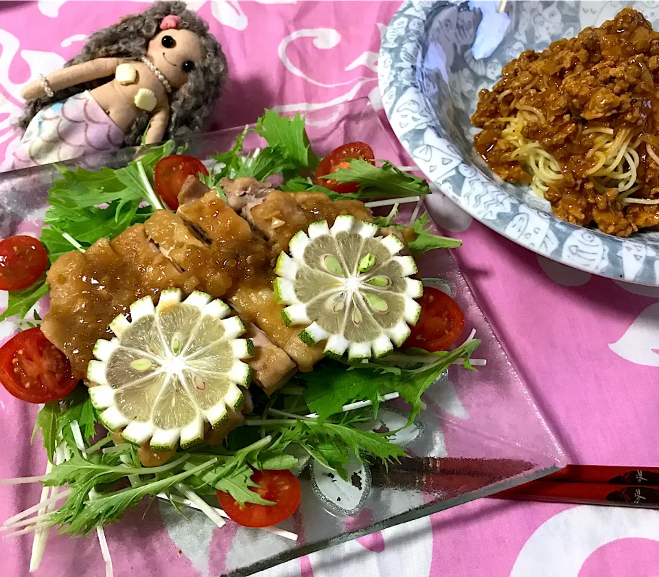 Snapdishの料理写真:かぼす照り焼きチキン&ミートパスタ🍝|noeさん