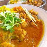 Snapdishの料理写真:さらさらチキンカレーとゴボウキーマカレー|Vell Bowzさん