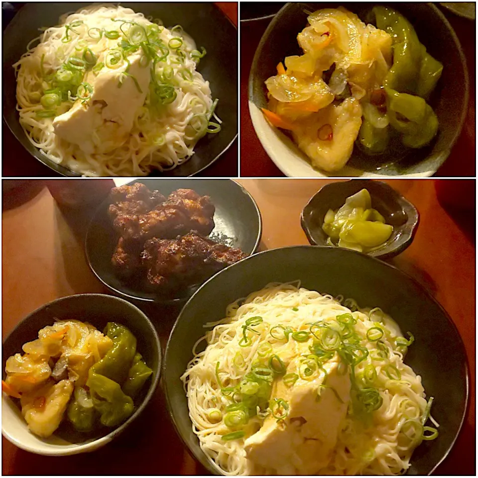 Midnight meals🌝 白瓜の三杯酢漬け･ﾌﾗｲﾄﾞﾁｷﾝ･豆乳と食べるおぼろ豆腐素麺･万願寺とうがらしと鰆の南蛮漬け|🌈Ami🍻さん