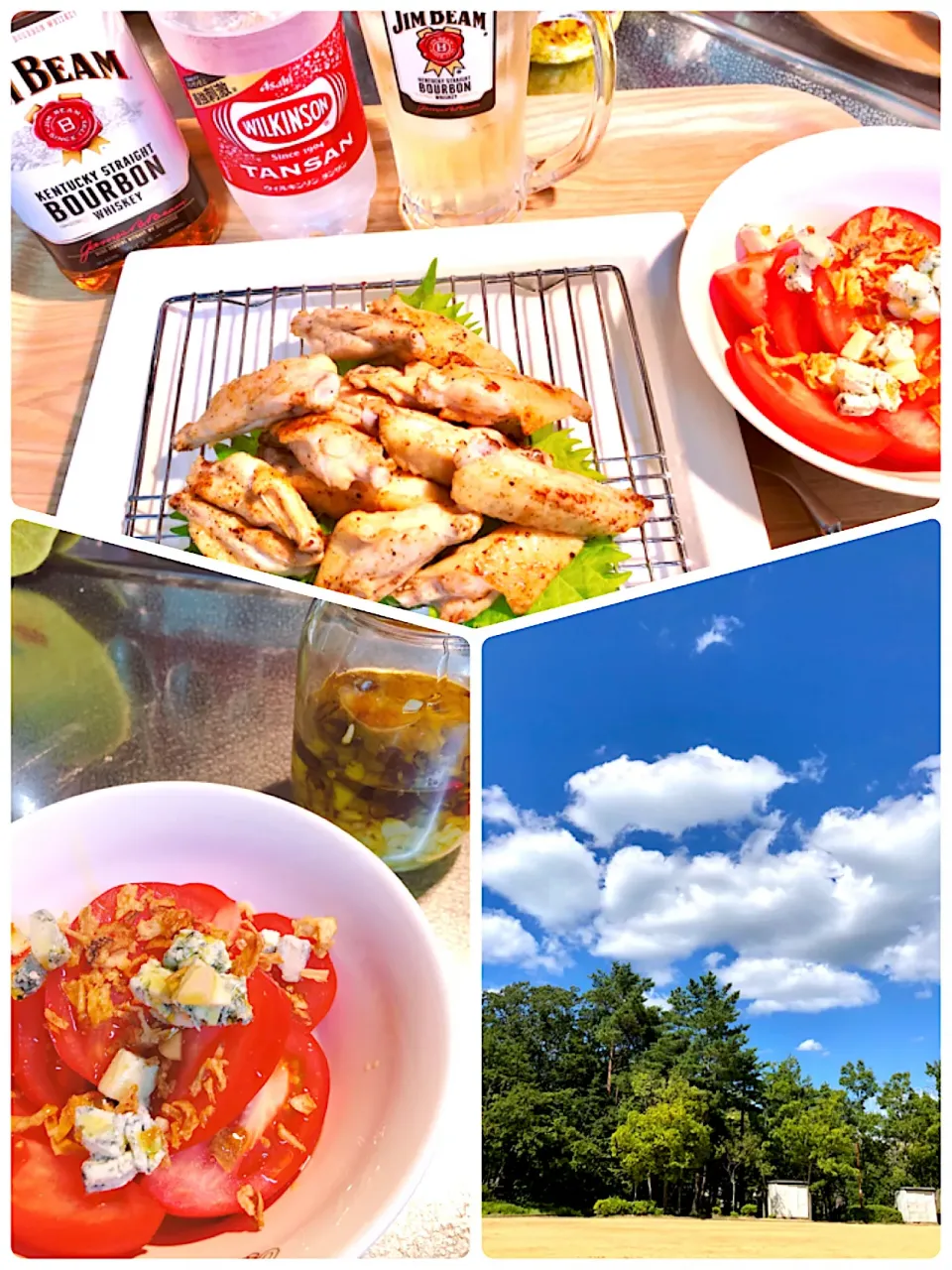 Snapdishの料理写真:今日は朝のサンドウィッチ🥪のボリュームでお腹が空かず。なのでトマトサラダ🍅昨日、仕込んだニンニクと唐辛子のオリーブオイルをドレッシングにした。鳥はマキシマムをふりグリルで焼いただけ。天高く肥ゆる秋！いよいよ本番だね😄|海斗さん