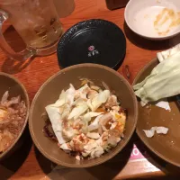 Snapdishの料理写真:鳥貴族　キャベツ　豆腐　煮卵　ポテサラ|すたひなさん