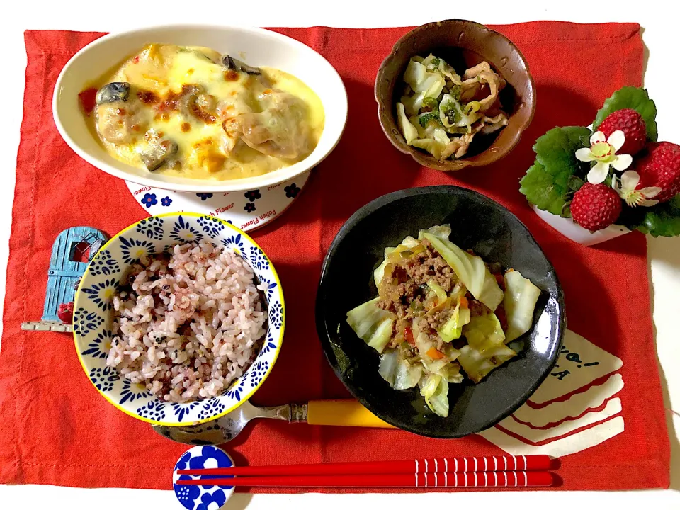 Snapdishの料理写真:キャベツの肉味噌炒め、チキンとグリル野菜のグラタン、豚肉とキャベツのタレ炒め、雑穀米|syamさん