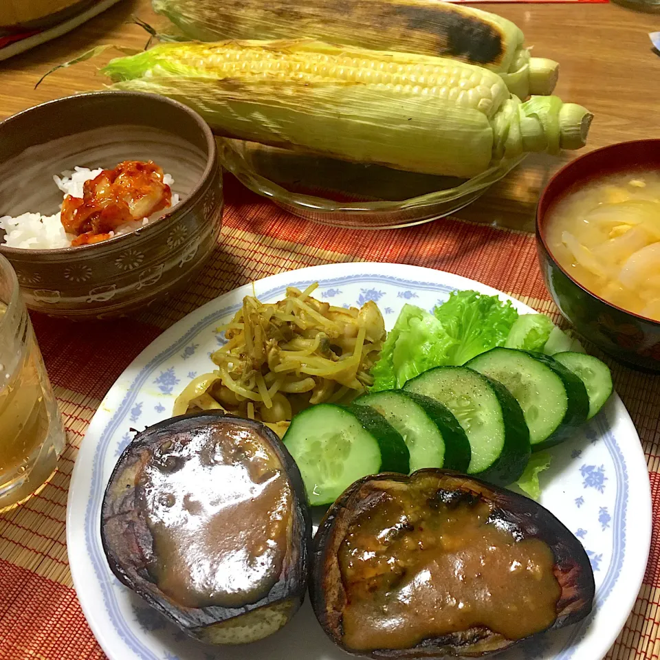 Snapdishの料理写真:2020/09/17 戸隠高原野菜 丸ナス田楽&きゅうり、えのきともやしのカレーあえ、ふらのピュアホワイト皮ごとグリル|kykyさん