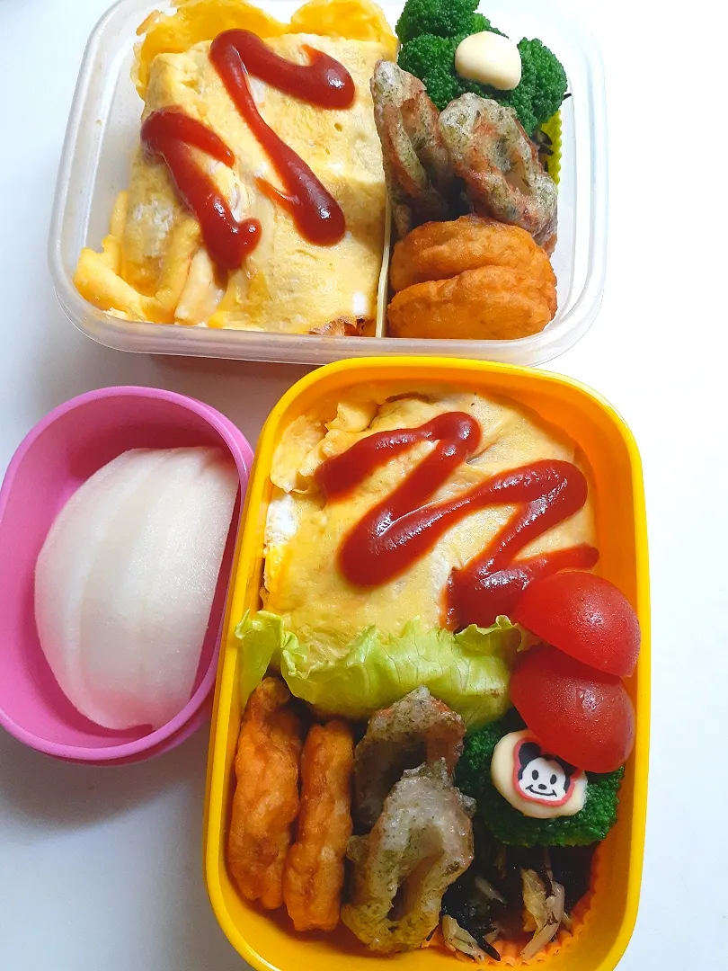 ☆園弁当☆オムライス、チキンナゲット、竹輪磯揚げ、ブロッコリー、ミニトマト、ひじき和え、梨|ｼｮｺﾗさん