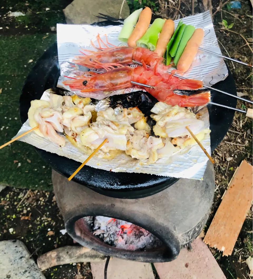 Snapdishの料理写真:メキシカンチムニーで串焼き3種|ミカさん