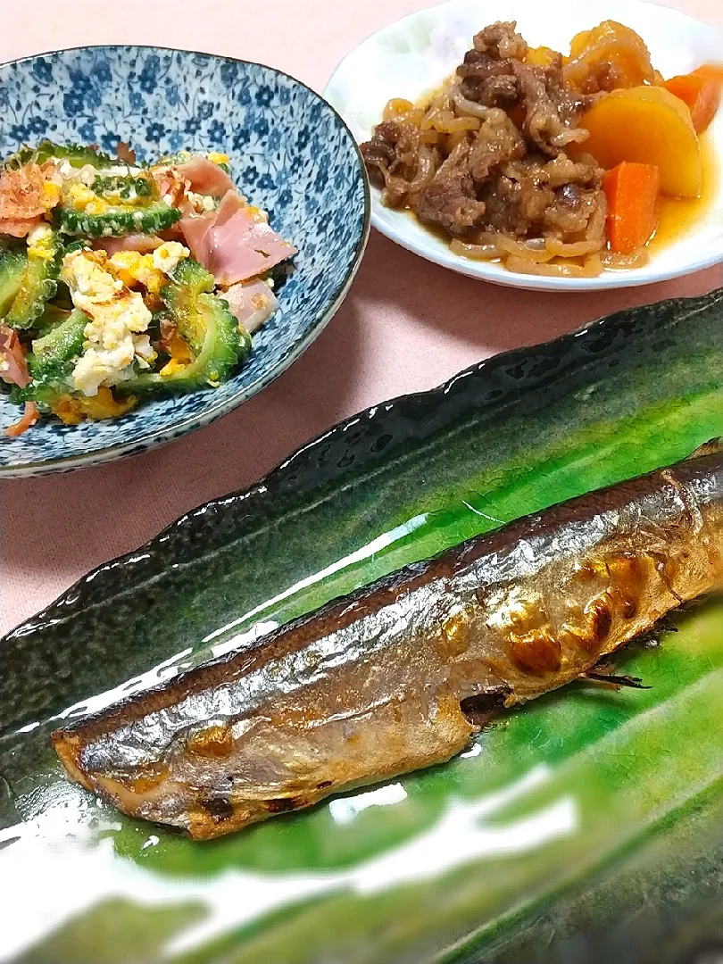 ☆今日の晩ごはん☆　ゴーヤチャンプル　肉じゃが　焼き魚|hamamaさん