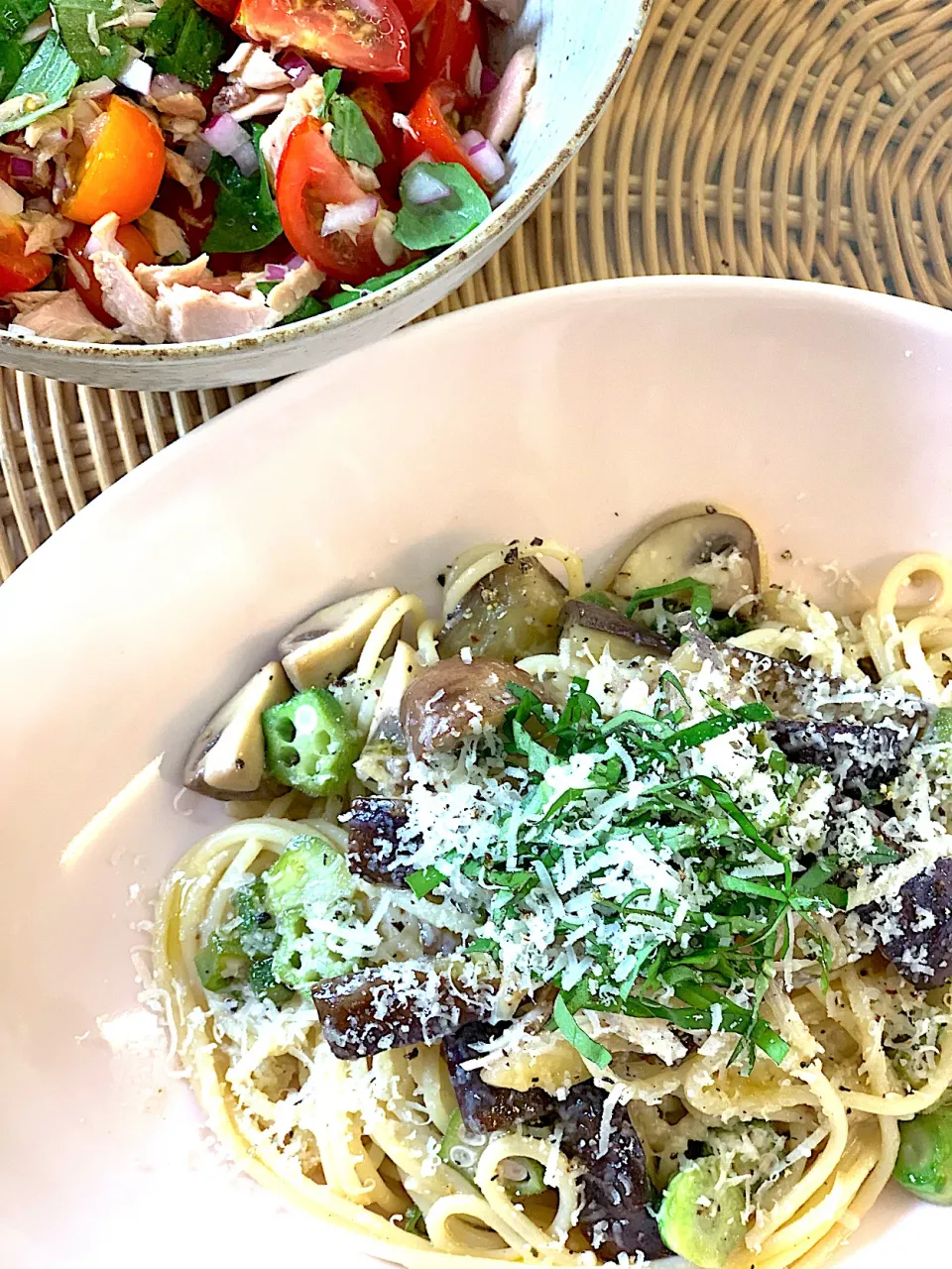 ナスとマッシュルームとオクラのパスタ🍝|なーまりさん