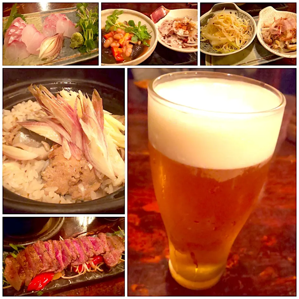 Cheers🍻久々我家<茄子のｴｽﾆｯｸ煮･蓮根の金平･もやしと青ﾊﾟﾊﾟｲﾔのﾅﾑﾙ･しめじと蛤の煮物･お刺身2種･柚子胡椒鯖の炊き込みご飯･牛肉ｽﾃｰｷ>|🌈Ami🍻さん