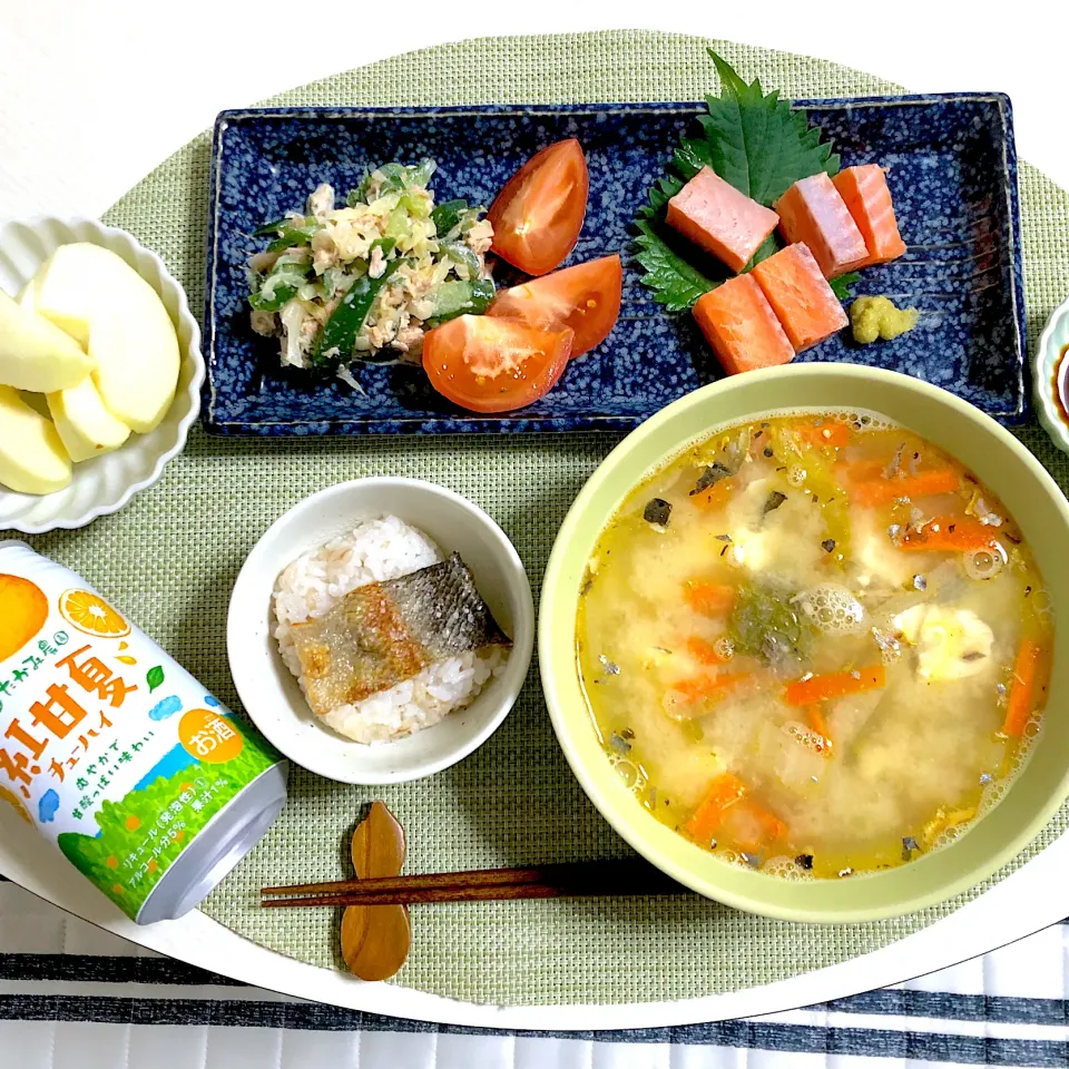 Snapdishの料理写真:9/22晩ご飯：具沢山味噌汁＆サーモンの刺身|ななみんさん