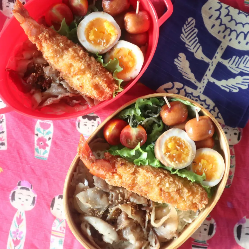 中学生男子年子弁当🍱豚バラキャベツと海老フライ🍤|なかじー。さん