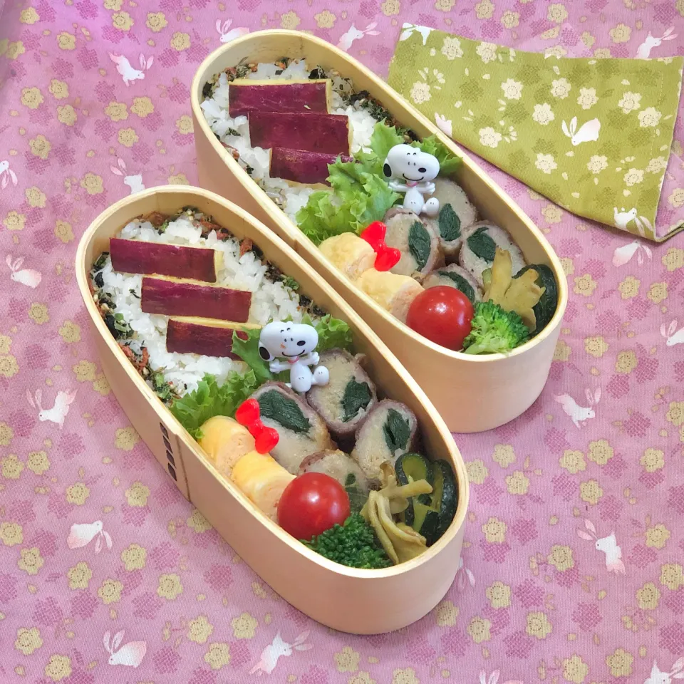 水菜とカニカマの豚肉巻き☘の双子ちゃんお弁当💙❤️ 9/12土|sweet homeさん