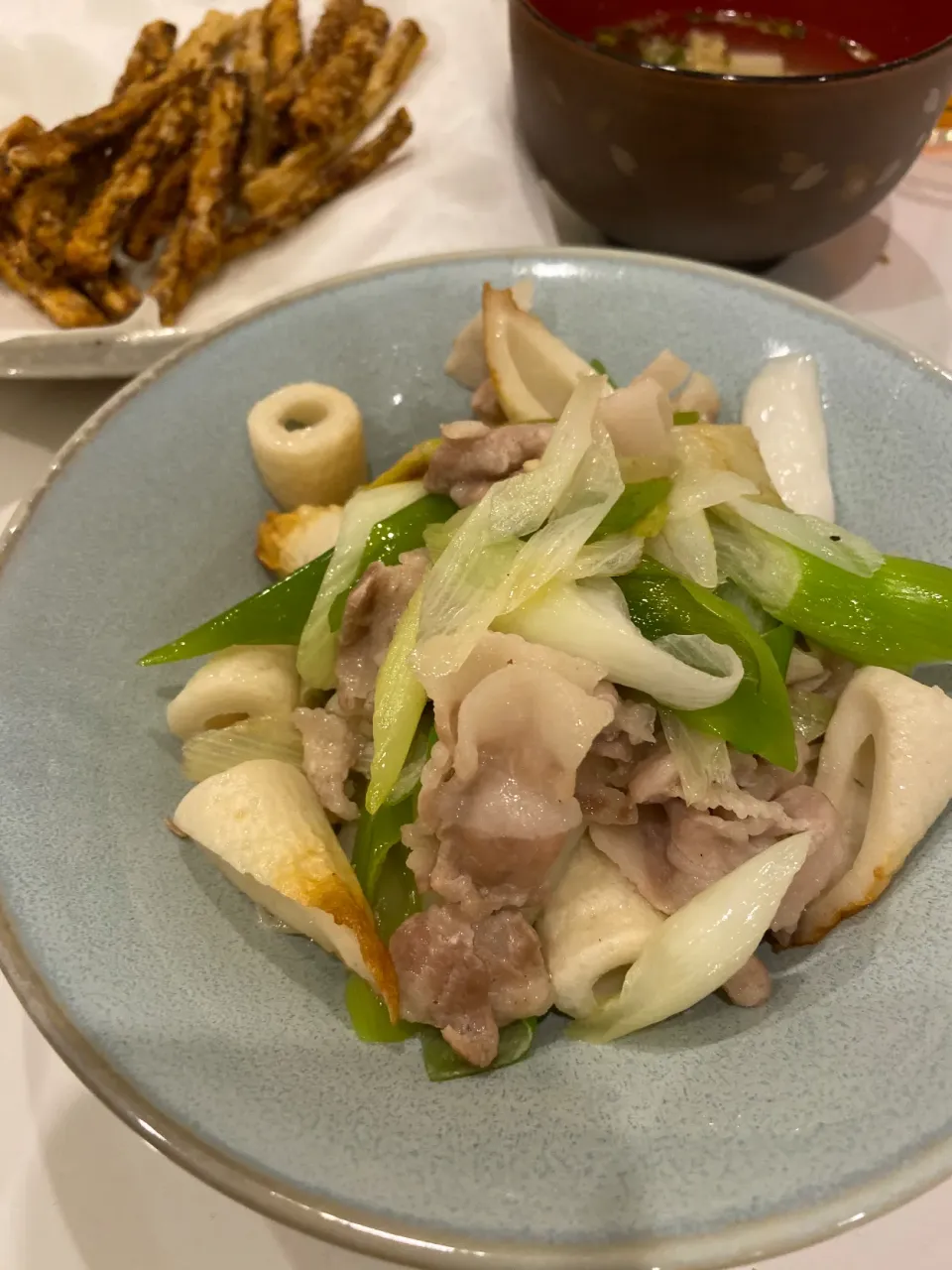 長ねぎと豚肉の炒め&ごぼう唐揚げ|みおぞうさん