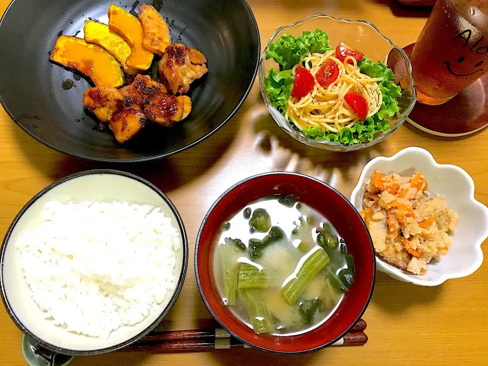 照り焼きチキン、和風スパゲティサラダ、うの花|Emiko Kikuchiさん