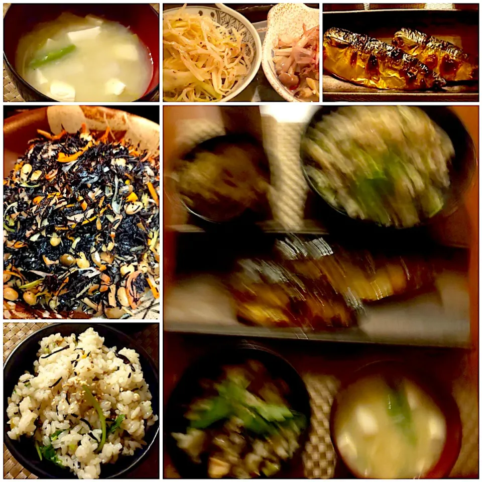 Today's dinner🍴もやしと青ﾊﾟﾊﾟｲﾔのﾅﾑﾙ･しめじと蛤の煮物･焼き塩鯖･梅ひじきと鶏肉の炊き込みご飯･里芋としめじ､ｲﾝｹﾞﾝのお味噌汁|🌈Ami🍻さん