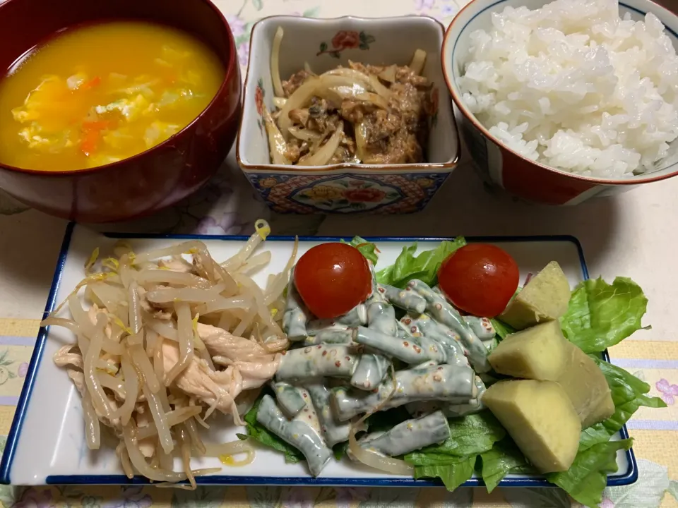 朝ごはん、鯖缶わ蒸し鶏ナムル、南瓜スープ|Isimura Hidekiさん