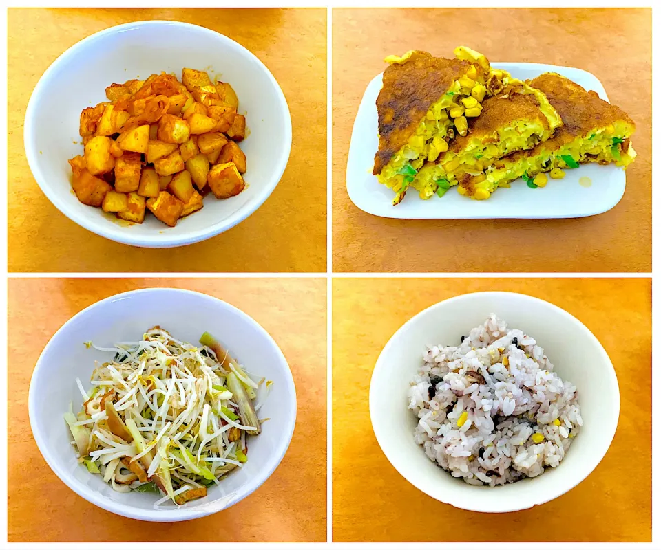 Lets have dinner: fried potatoes and tofu, corn omelette, fried moyashi and a cup of mix rice|MI 「いどりす」さん