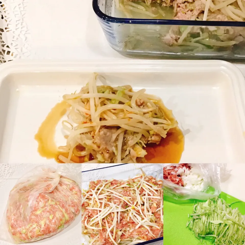 Snapdishの料理写真:レンジで作るおかず^_^豚ひき肉とモヤシのレンジ蒸し|ドルフの美味しい家庭料理さん