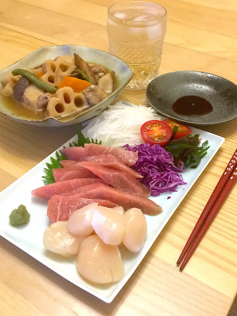 今日の夕食　帆立と中トロのお刺身　筑前煮|ふわ猫はなちゃんさん