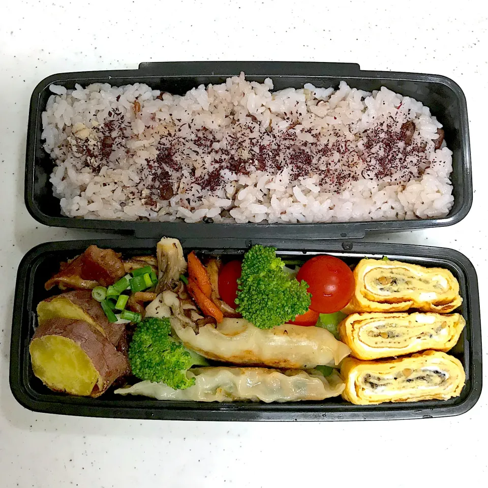 今日のダンナ様お弁当～💕棒餃子とキノコ豚肉プルコギ味、すり胡麻入り玉子焼き弁当です🤗|てるみさん