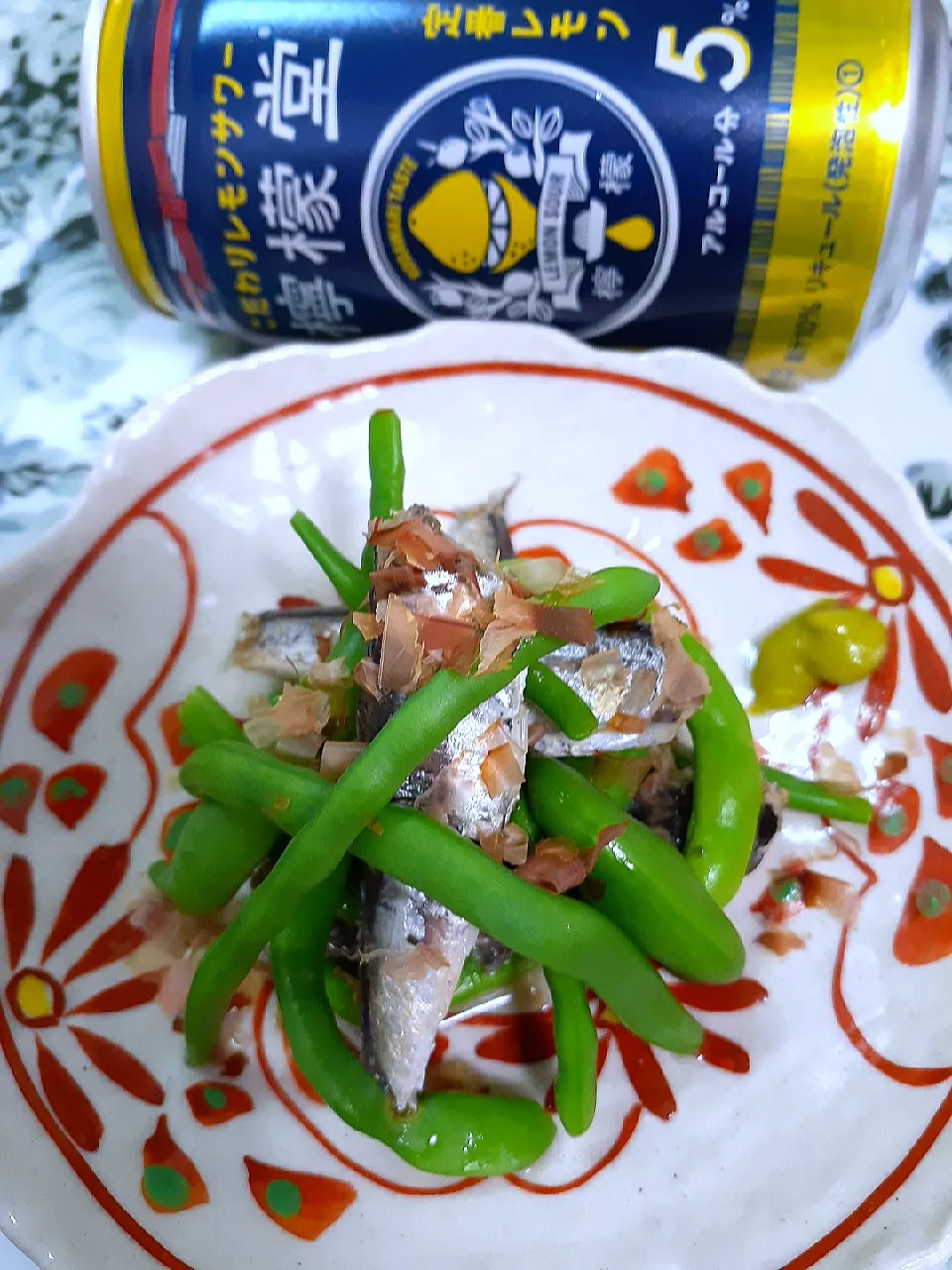 🔷農家さんの朝採りいんげんと🐟オイルサーディンのおひたし🔷鰹節と山葵醤油でいただきまぁ～す|@きなこさん