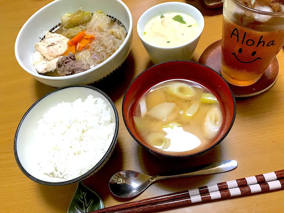 すきやき風煮、茶碗蒸し、大根と太葱の味噌汁|Emiko Kikuchiさん