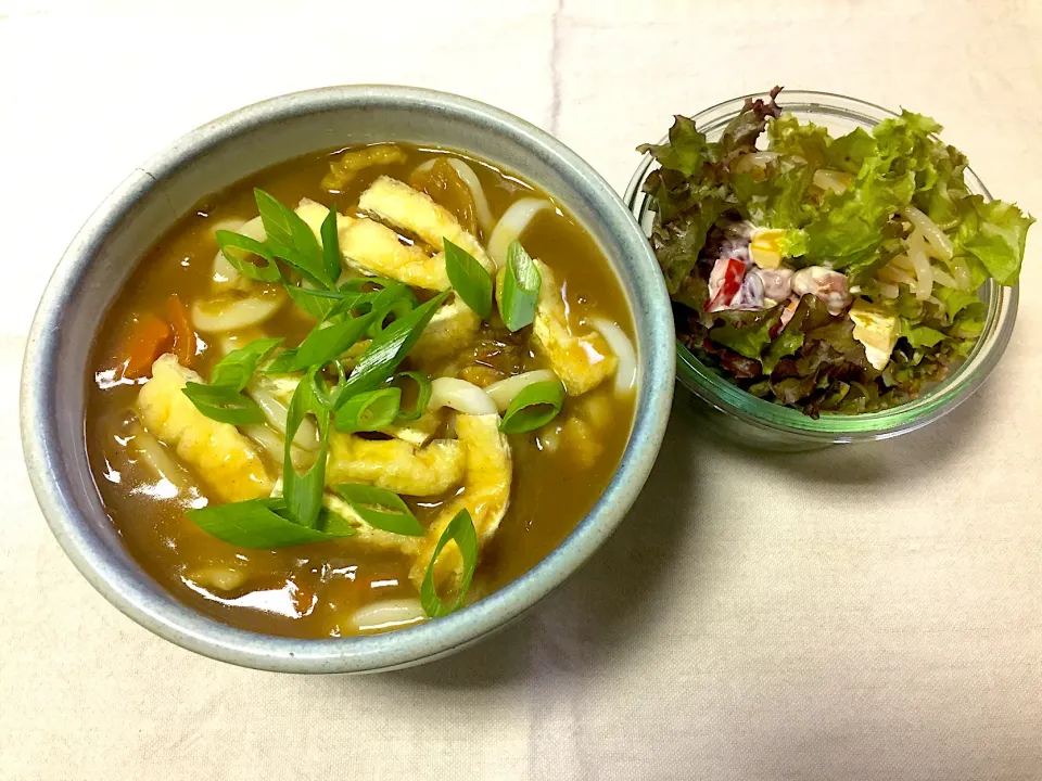 カレーうどん、豆とパプリカサラダ、モヤシの甘酢あえ|jackybeanさん