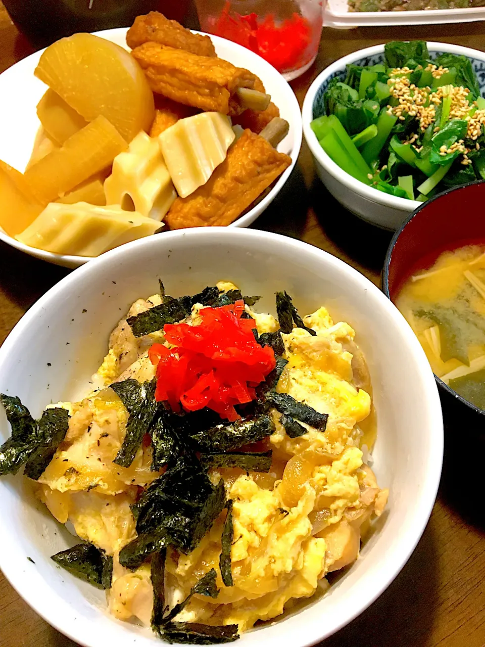 親子丼、大根煮、ほうれん草おひたし|ゆうこさん