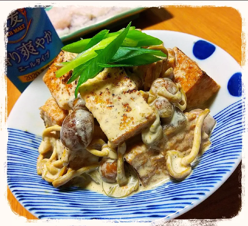 Snapdishの料理写真:🍄なめこ&厚揚げのマヨポンわさ和え|ひとみんΨ(*´∀｀)Ψさん