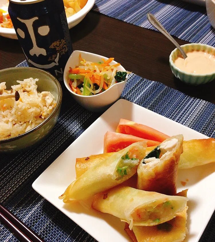 エビスティック春巻き　きのこご飯　中華風サラダ|ちぐあささん